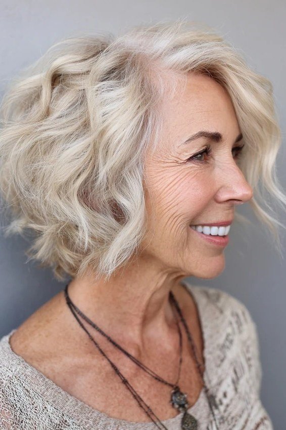 Blonde Wavy Bob with a Soft Side Shape for women over 50