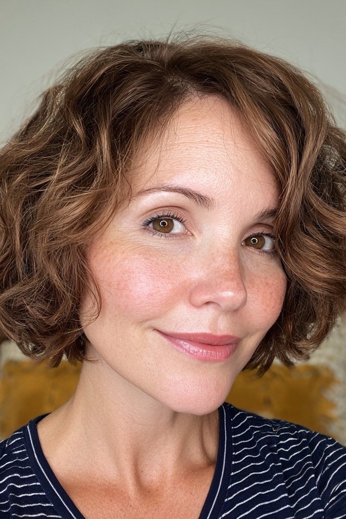 Brunette Curly Choppy Bob with Definition for women over 50