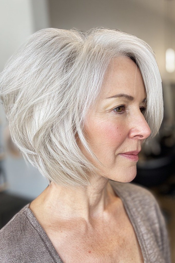 White Choppy Bob with a Crisp Side View for women over 50