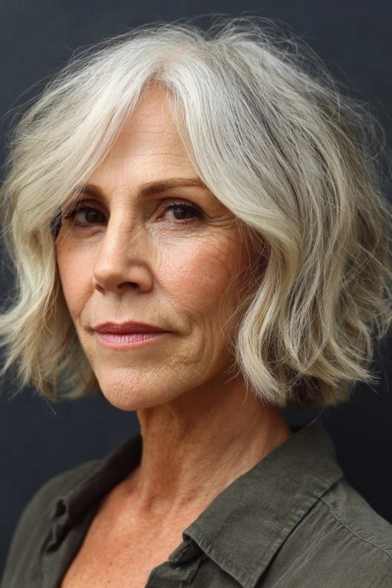 Silver Wavy Bob with Soft Volume for women over 50