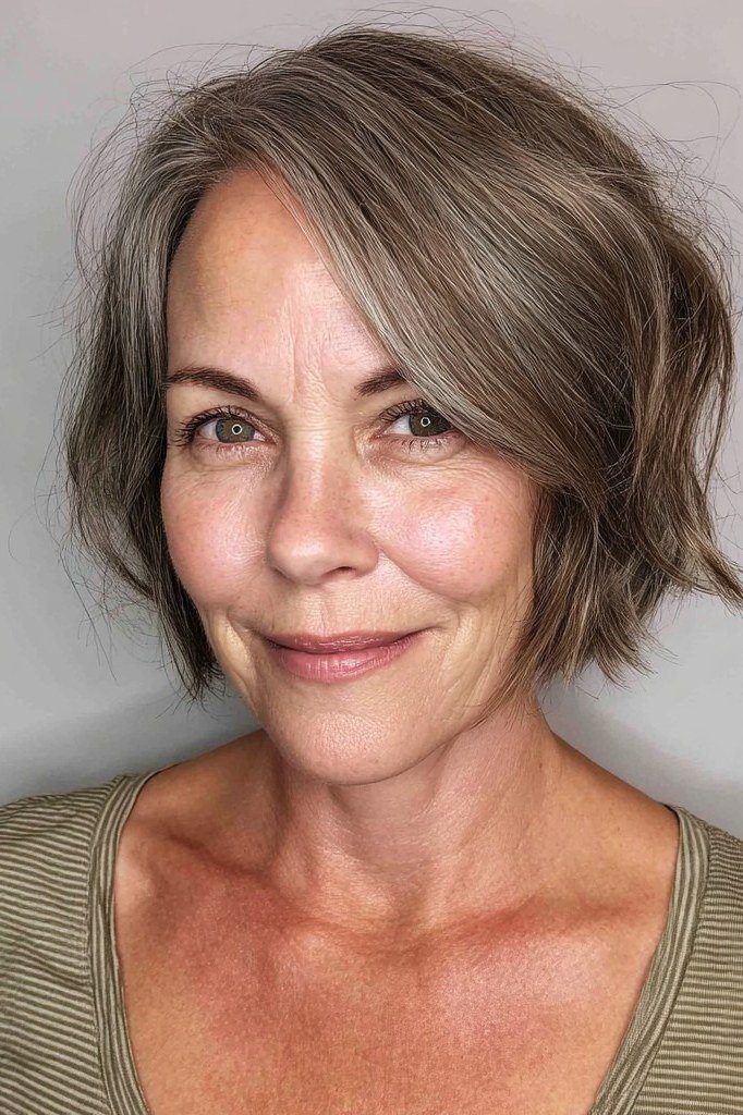 Brown-Gray Choppy Bob with Natural Blend for women over 50