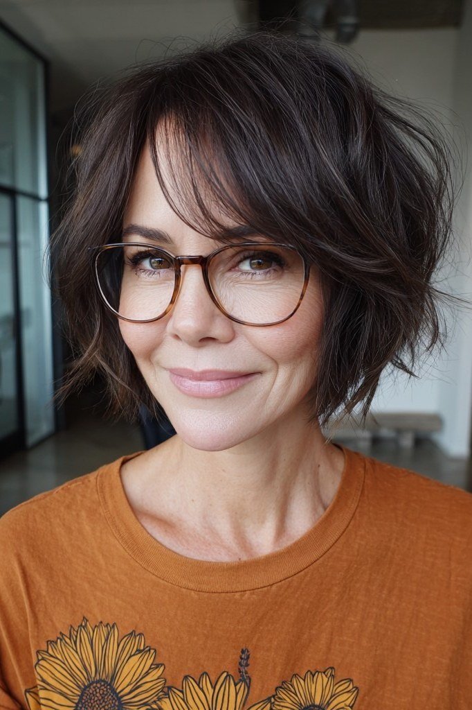 Dark Brunette Choppy Bob with Glasses for women over 50