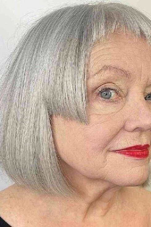 Silver Choppy Bob with Wispy Bangs for women over 50