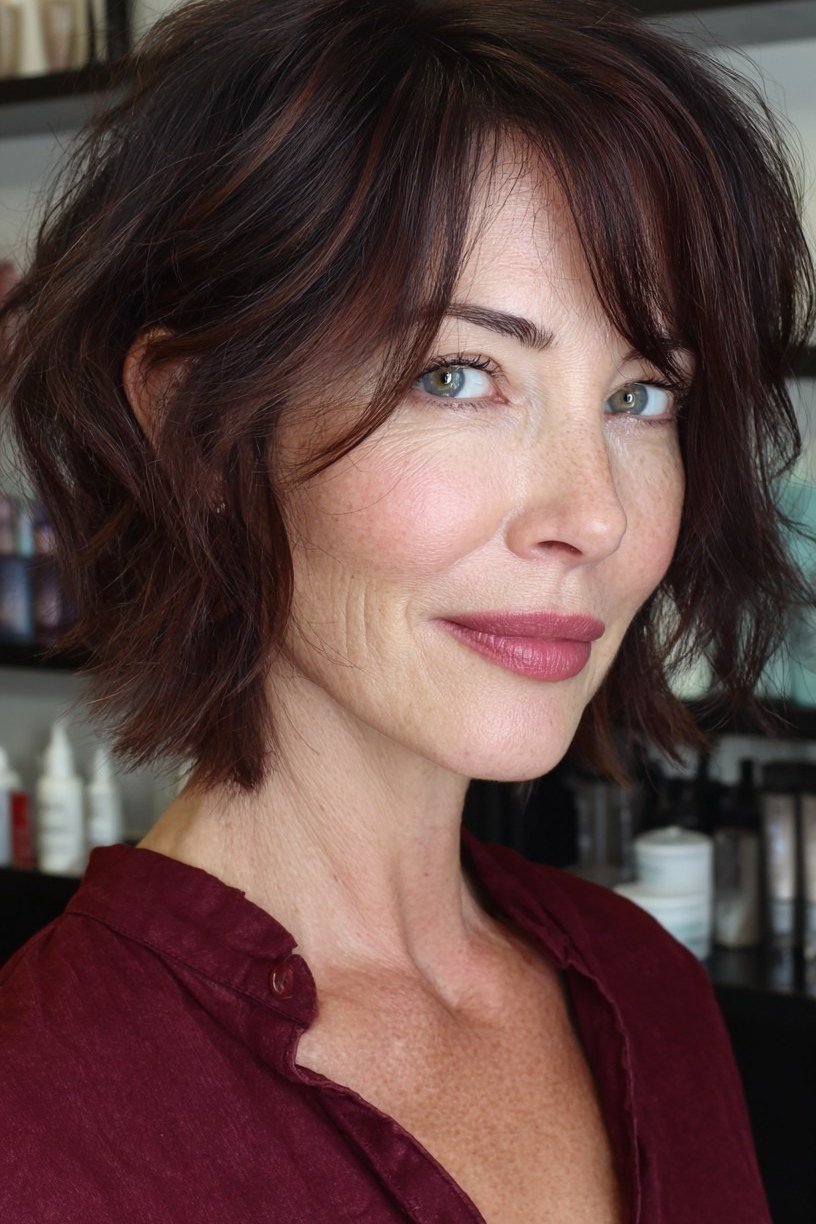 Burgundy Choppy Bob with Rich Drama for women over 50