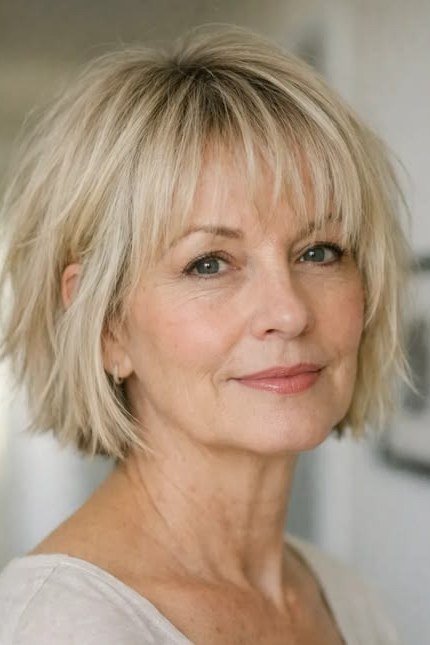 Blonde Choppy Bob with Wispy Fringe for women over 50