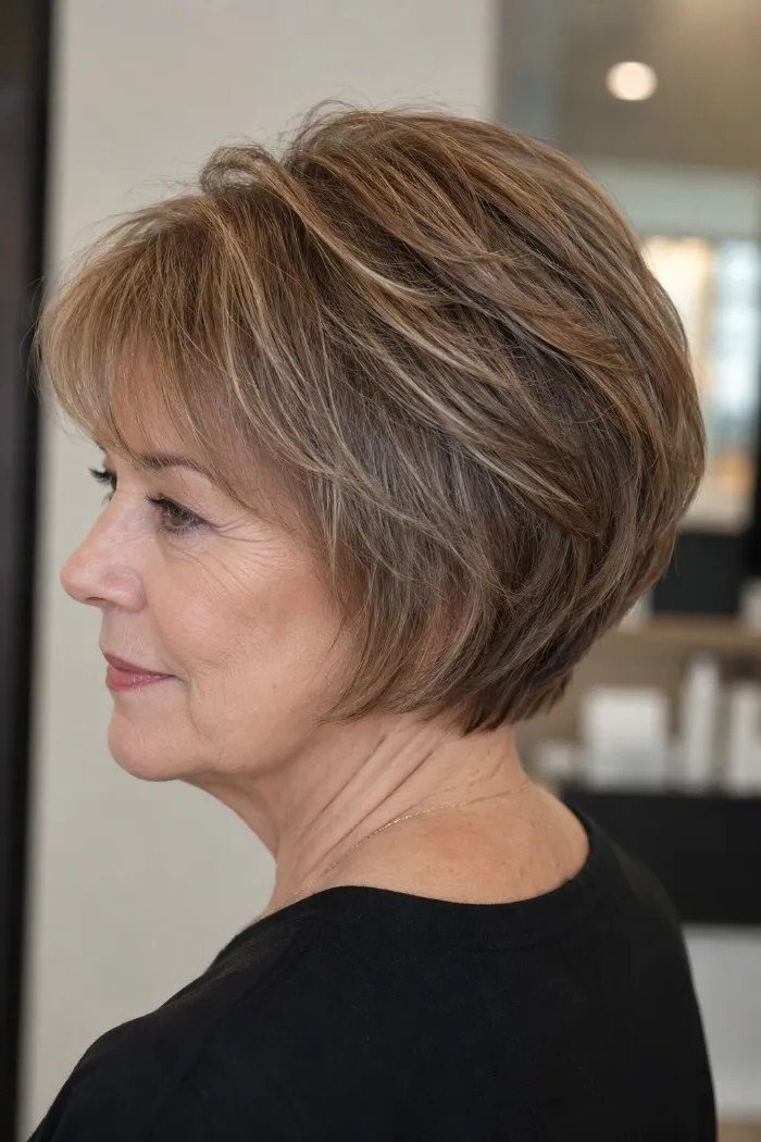Brown Choppy Bob with a Clean Side Profile for women over 50