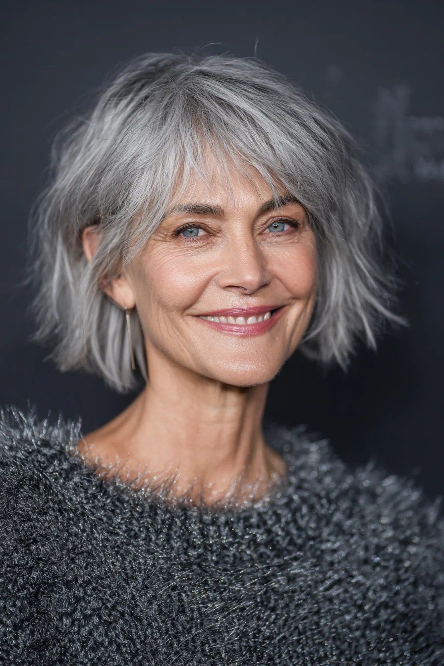 Silver-Gray Choppy Bob with a Bright Smile for women over 50