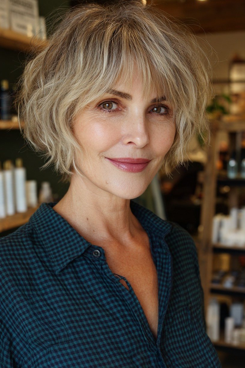 Blonde Choppy Bob with Textured Bangs for women over 50