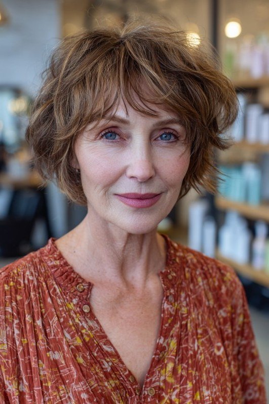 Auburn Choppy Bob with Timeless Warmth for women over 50