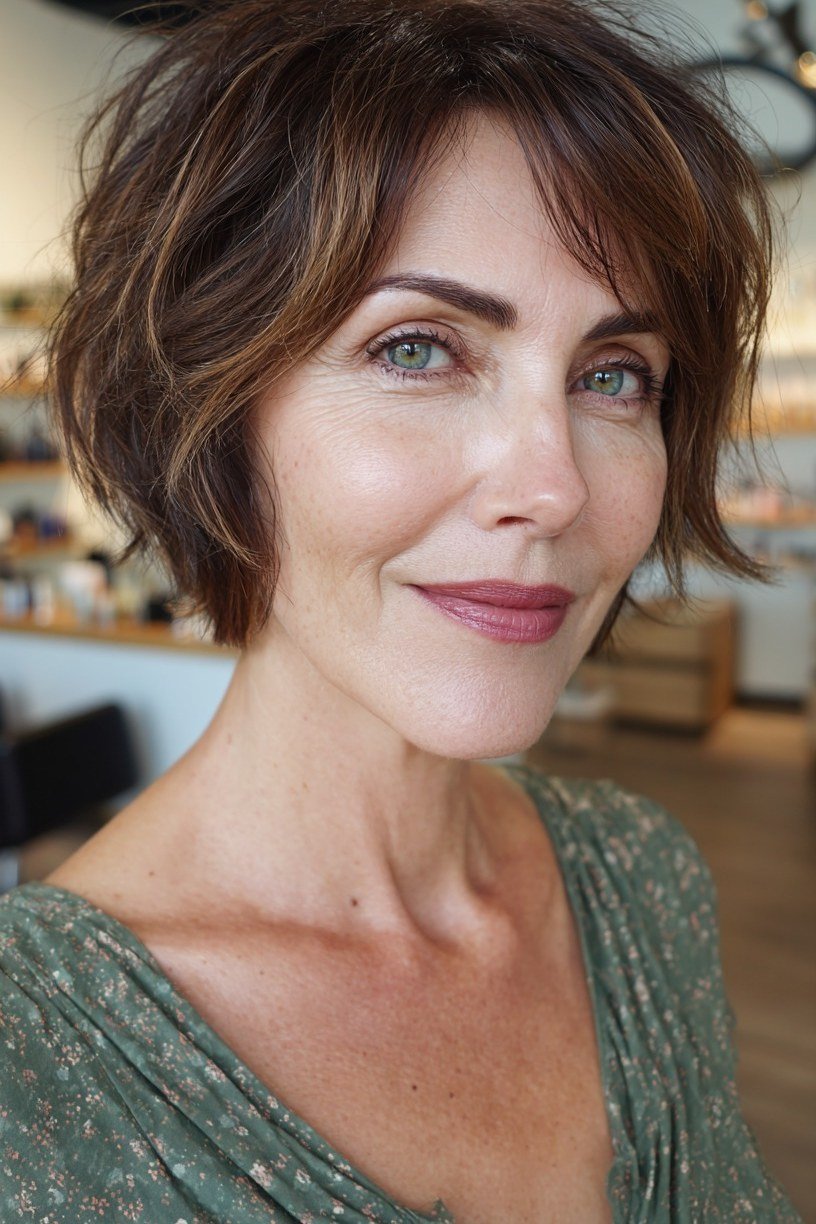 Brunette Choppy Bob with a Bright Front View for women over 50