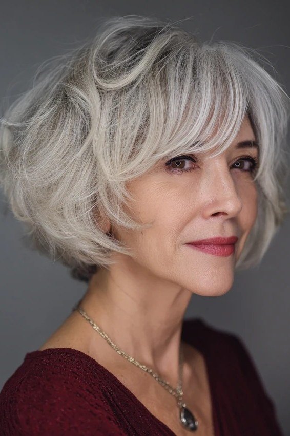 Silver Choppy Bob with a Confident Front View for women over 50
