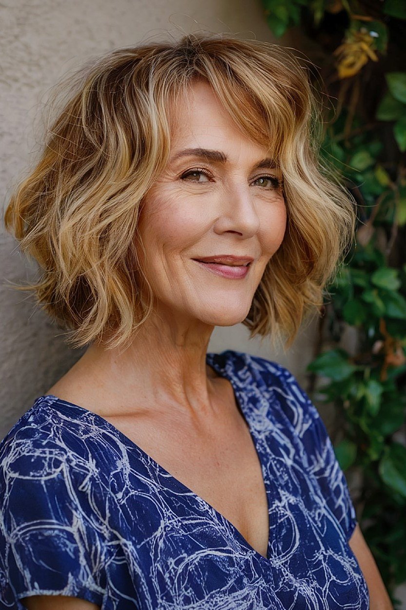 Blonde Wavy Bob with a Flattering Angle for women over 50