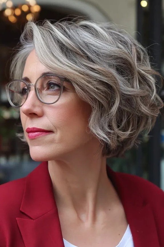 Gray Choppy Bob with Glasses, Front-Side View for women over 50