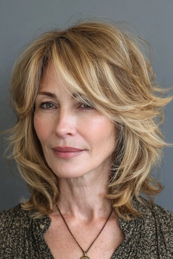 Blonde Layered Shaggy Lob, a choppy hairstyle for women over 50