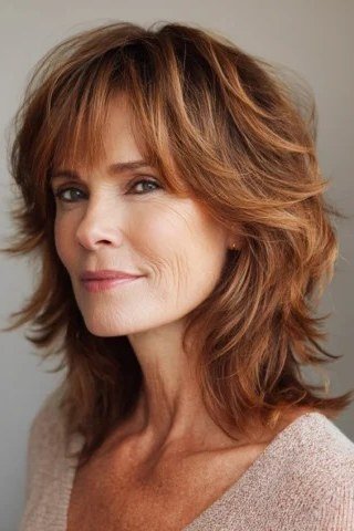Auburn Choppy Layered Lob, a choppy hairstyle for women over 50