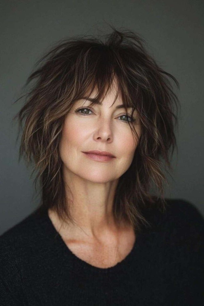 Dark Brown Choppy Shag With Full Bangs, a choppy hairstyle for women over 50
