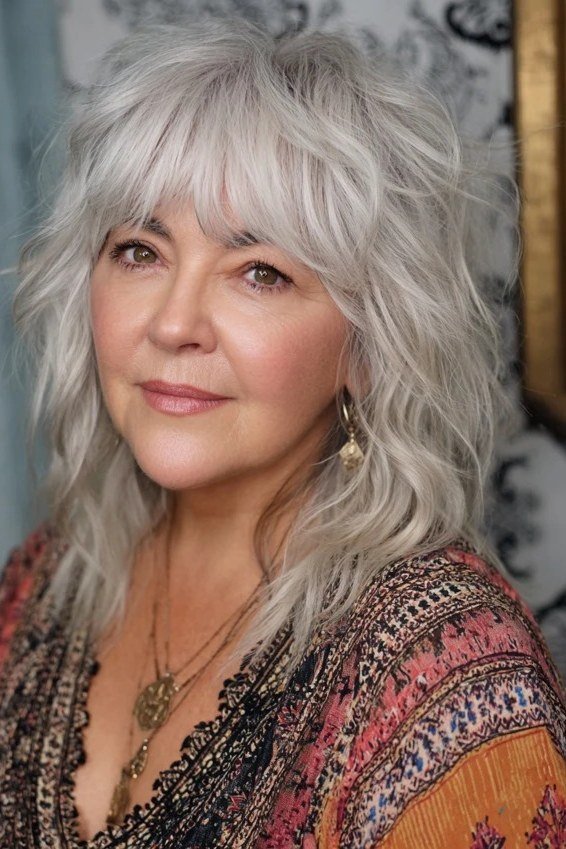 Long Silver Gray Choppy Layers, a choppy hairstyle for women over 50