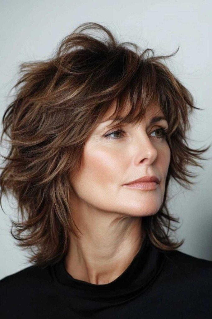 Brown Choppy Shag With Tousled Bangs, a choppy hairstyle for women over 50