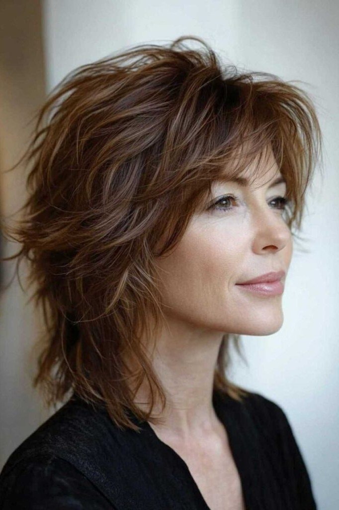 Auburn Choppy Shag With Layered Volume, a choppy hairstyle for women over 50