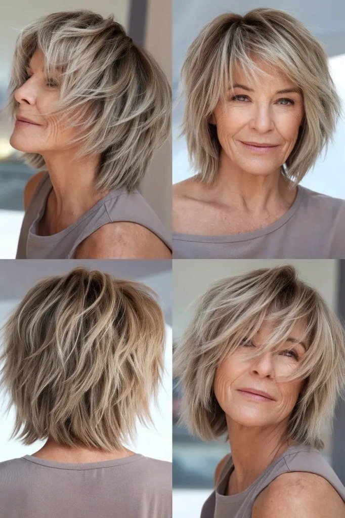 Blonde Choppy Bob, Four Angles, a choppy hairstyle for women over 50