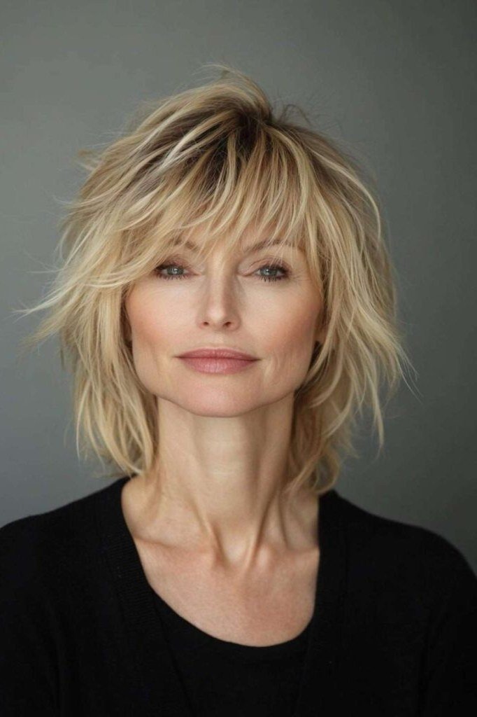 Blonde Choppy Bob With Bangs, a choppy hairstyle for women over 50