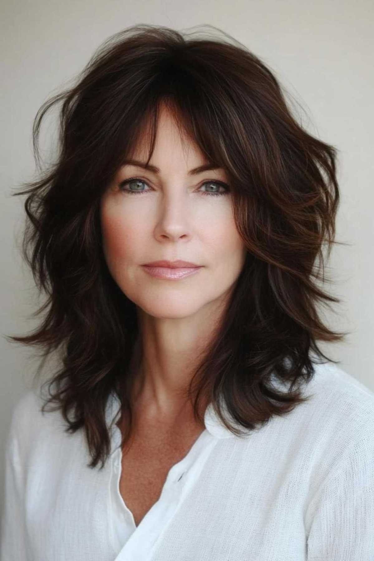Dark Brown Choppy Long Layers, a choppy hairstyle for women over 50