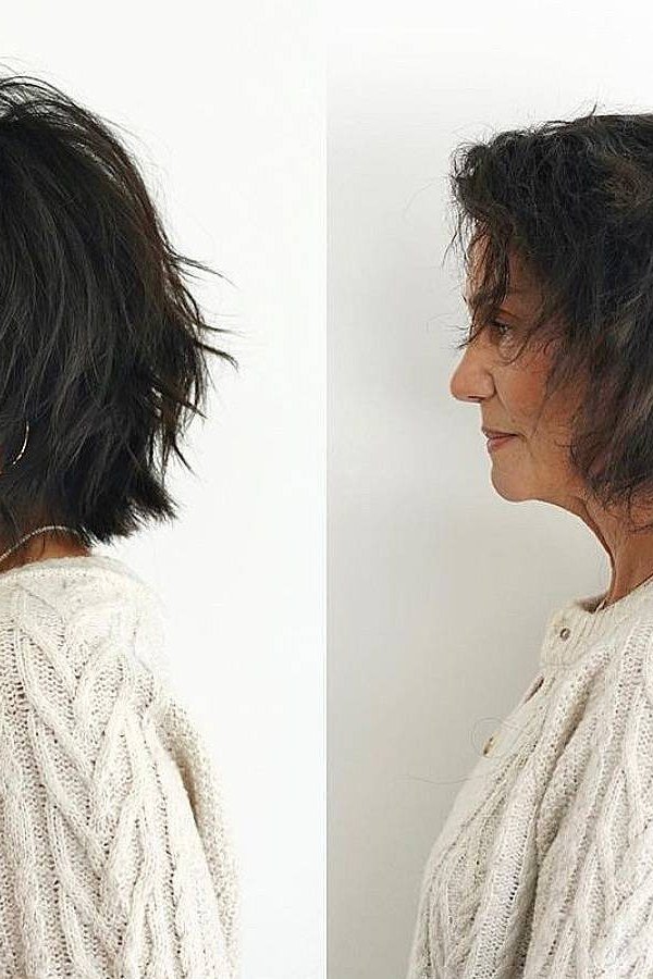 Black Curly Choppy Bob, Two Views, a choppy hairstyle for women over 50