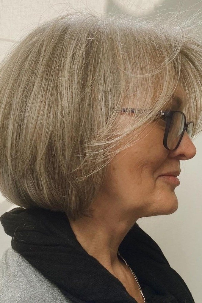 Smooth Gray Layered Bob, a choppy hairstyle for women over 50