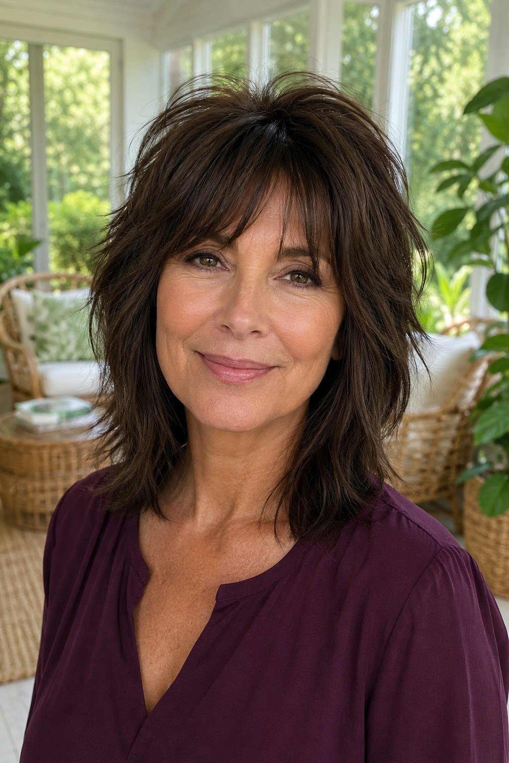 Dark Brown Choppy Lob With Full Bangs, a choppy hairstyle for women over 50