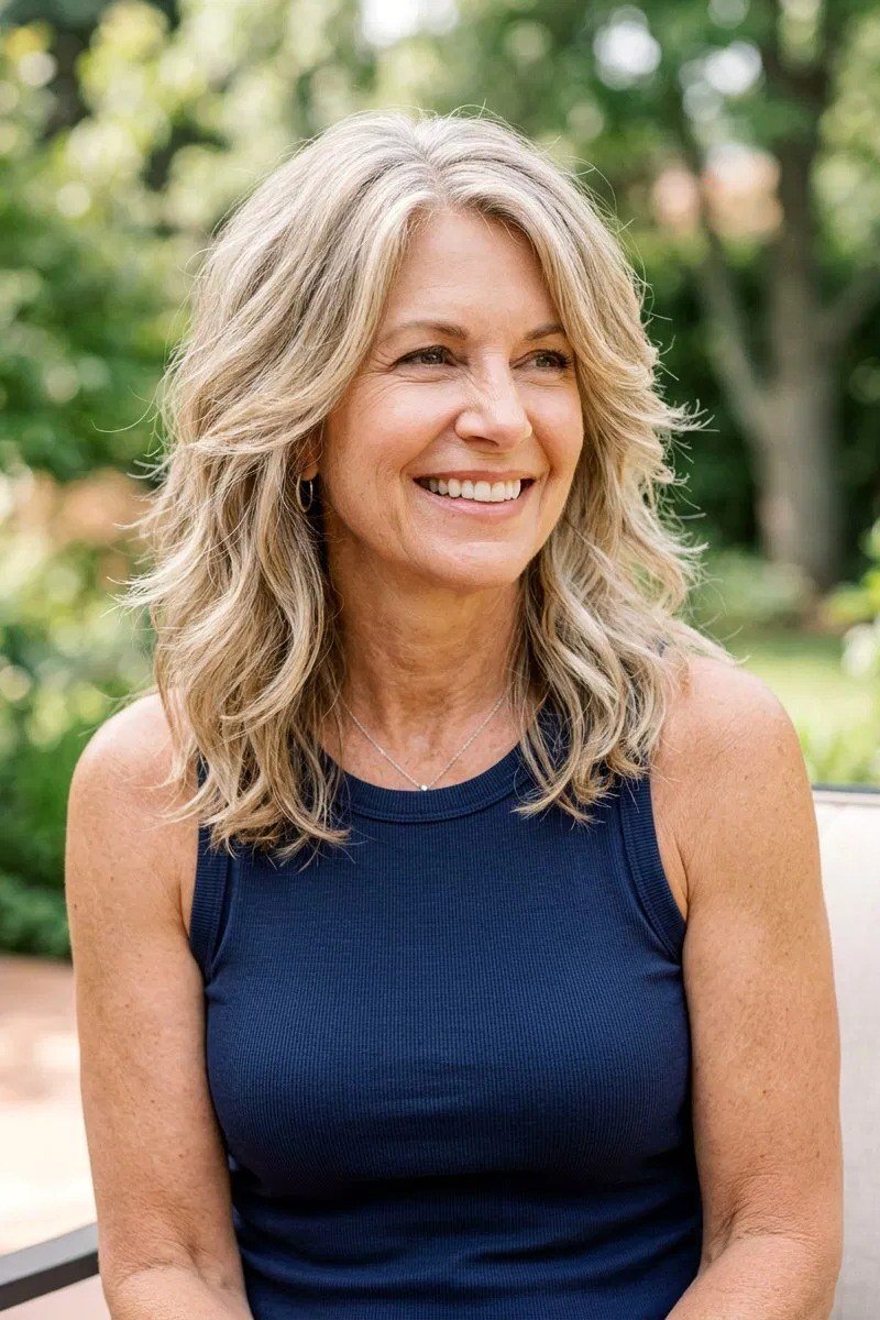 Blonde Wavy Choppy Lob With Beachy Texture, a choppy hairstyle for women over 50