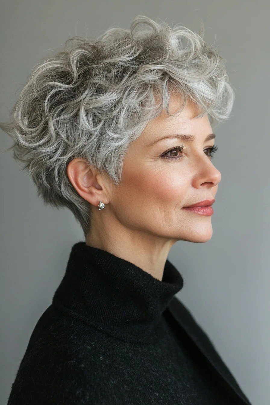 Short Gray Curly Pixie, a choppy hairstyle for women over 50