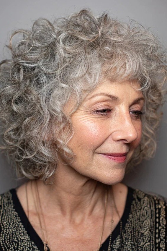 Gray Curly Lob, a choppy hairstyle for women over 50
