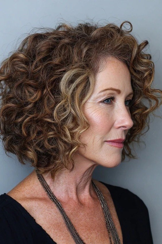 Brown Curly Choppy Bob, a choppy hairstyle for women over 50