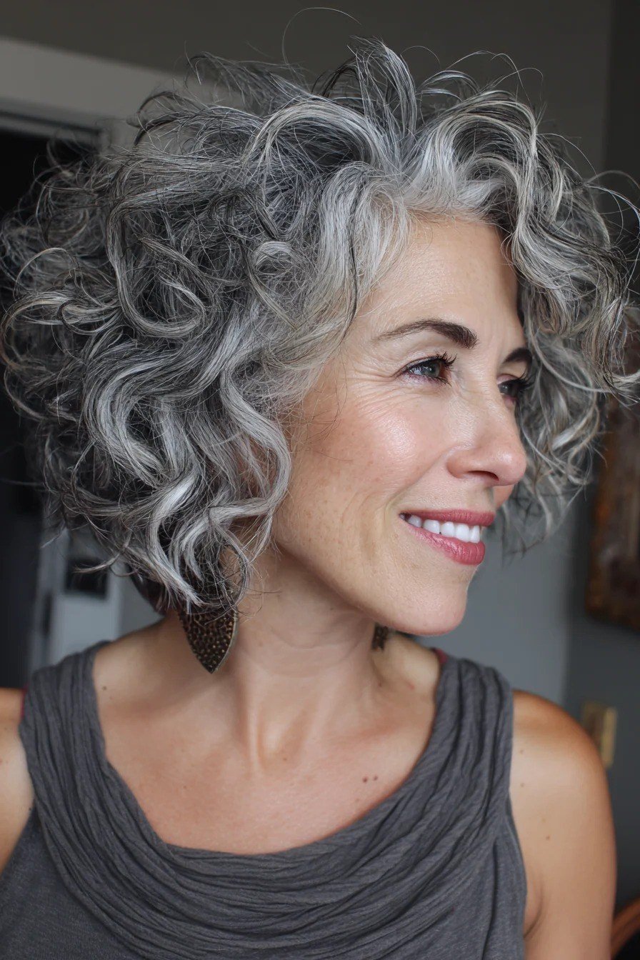 Gray Curly Bob With Side Part, a choppy hairstyle for women over 50
