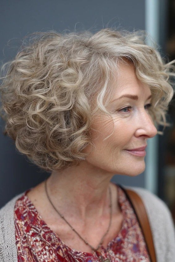 Blonde Curly Bob With Soft Ringlets, a choppy hairstyle for women over 50