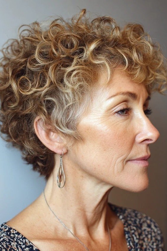 Golden Brown Curly Choppy Pixie, a choppy hairstyle for women over 50