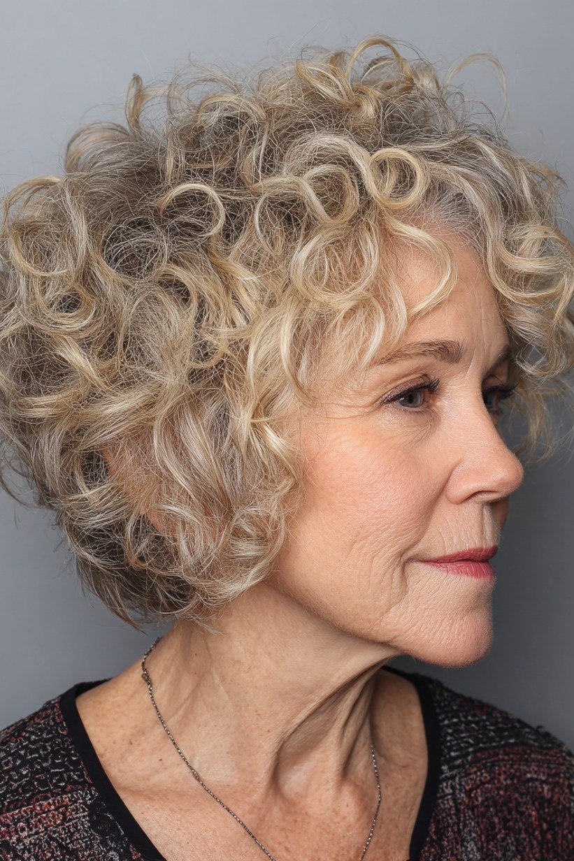 Blonde Curly Bob, Side View, a choppy hairstyle for women over 50