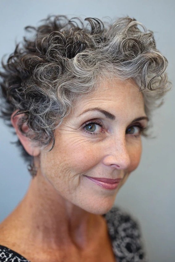 Short Gray Curly Pixie With Face-Framing Curls, a choppy hairstyle for women over 50