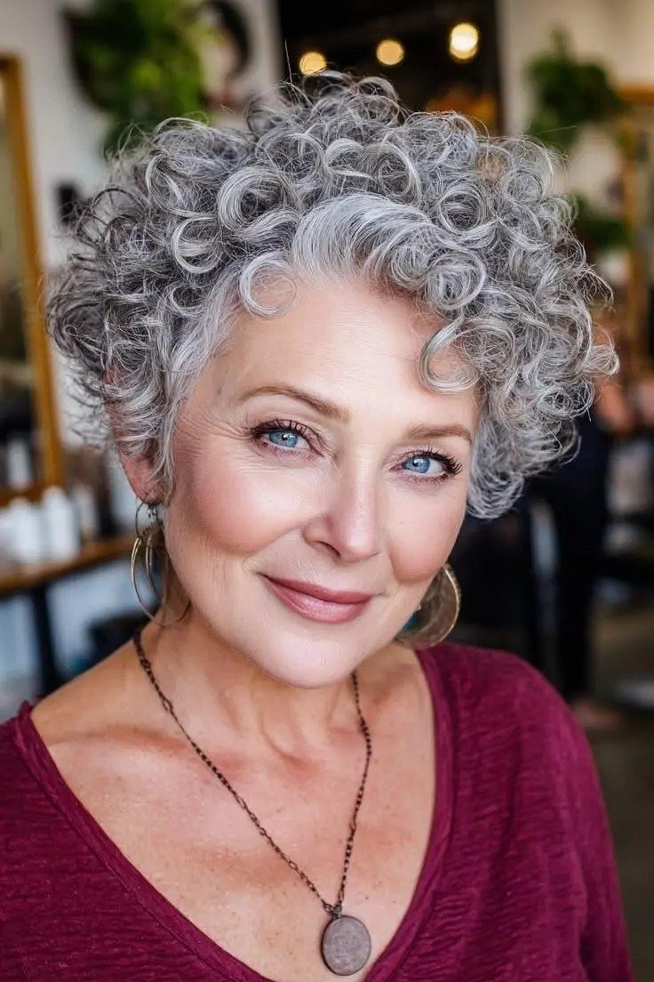 Gray Curly Pixie, Salon Fresh, a choppy hairstyle for women over 50