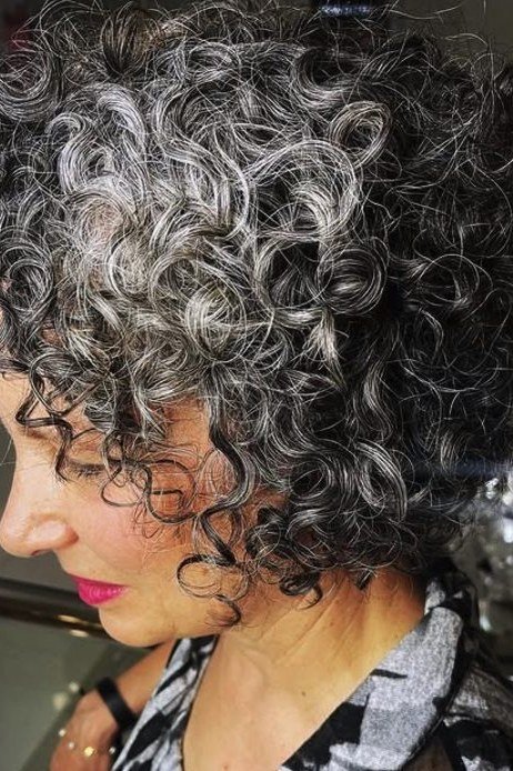 Dark Silver Curly Bob, a choppy hairstyle for women over 50