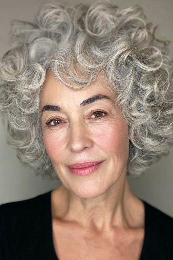 Gray Curly Bob With Tight Curls, a choppy hairstyle for women over 50