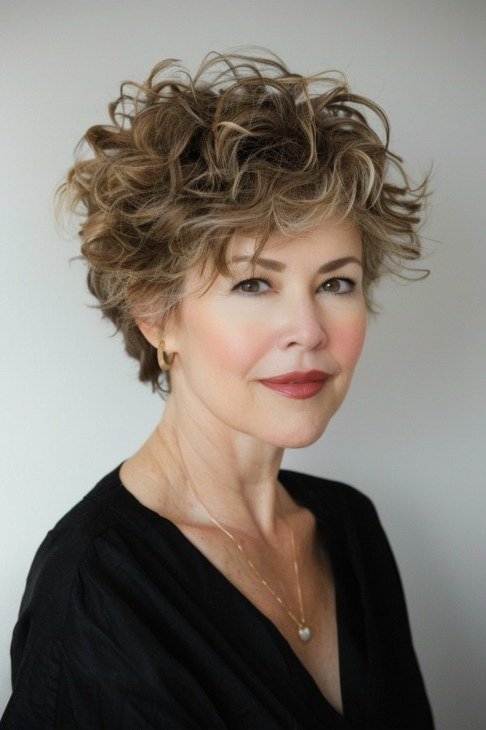 Short Brown Curly Bob, a choppy hairstyle for women over 50