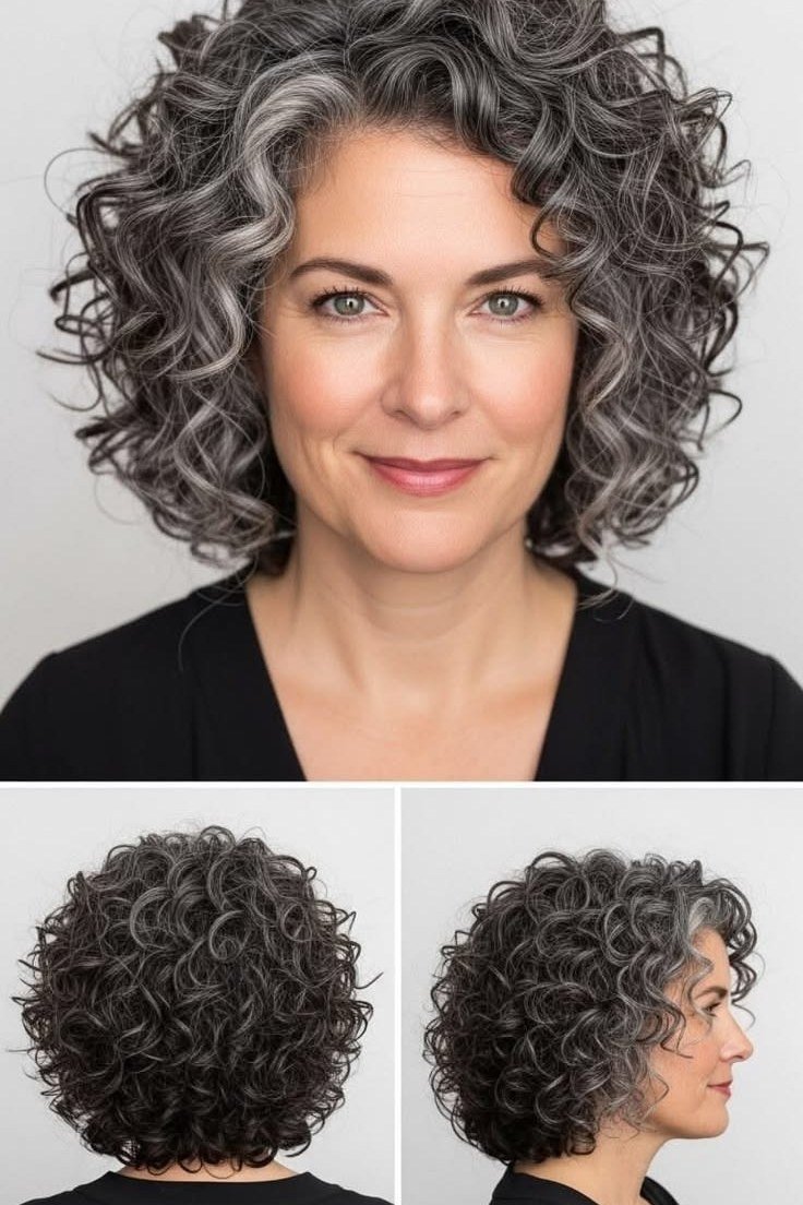 Dark Curly Bob, Three Views, a choppy hairstyle for women over 50