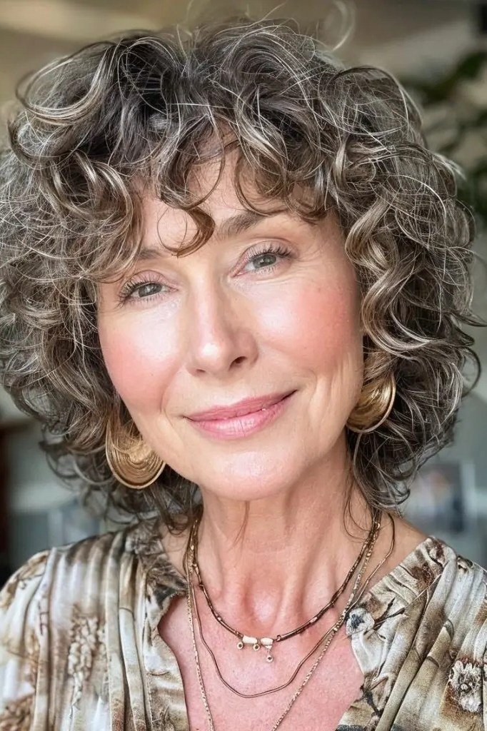 Gray Curly Lob With Soft Curls, a choppy hairstyle for women over 50