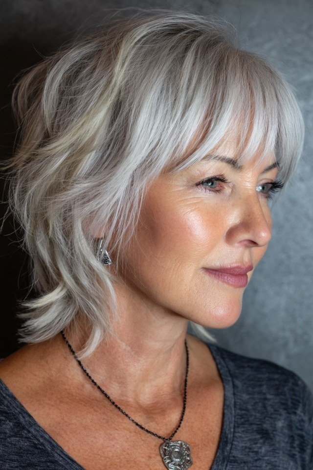 White Choppy Bob With Bangs, a choppy hairstyle for women over 50