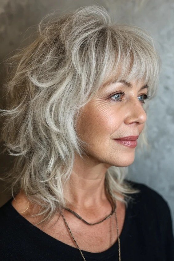 White Shaggy Choppy Lob With Feathered Layers, a choppy hairstyle for women over 50