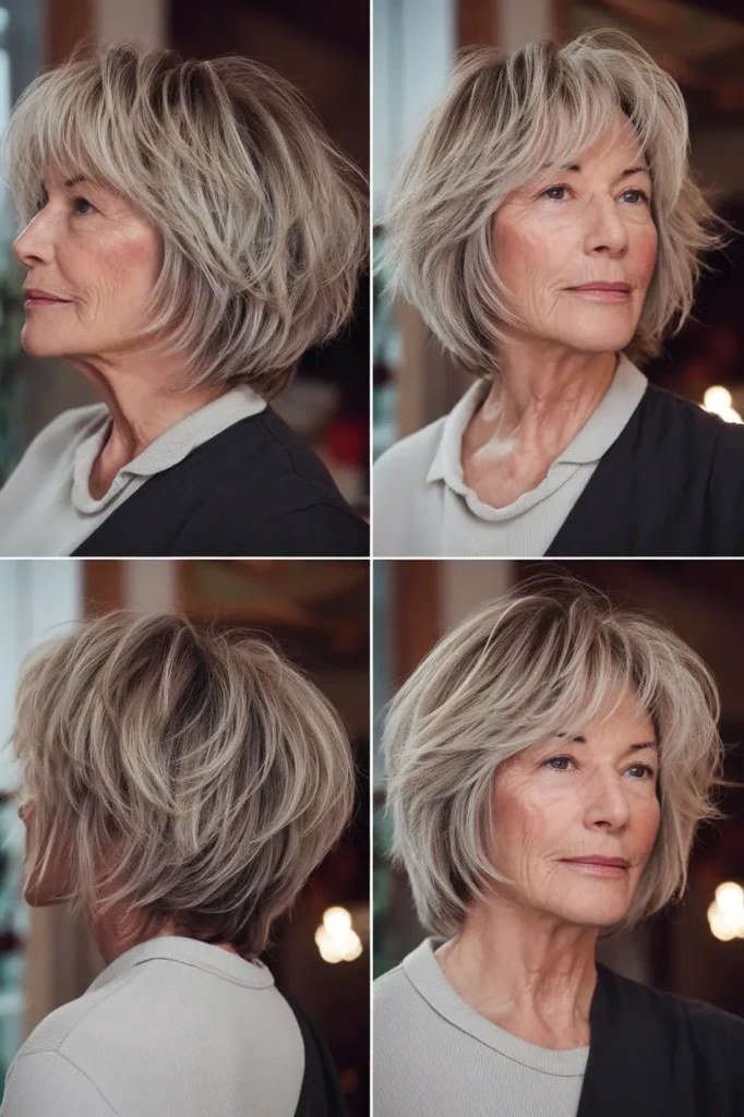 Gray Choppy Bob, Multi-Angle View, a choppy hairstyle for women over 50
