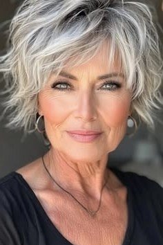 White Choppy Pixie With Wispy Top, a choppy hairstyle for women over 50