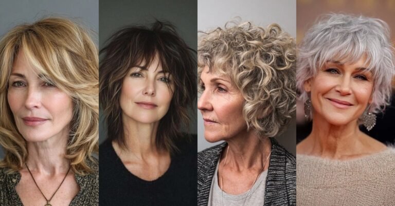 Collage of 4 choppy hairstyles for women over 50: shag, bob, curls and pixie