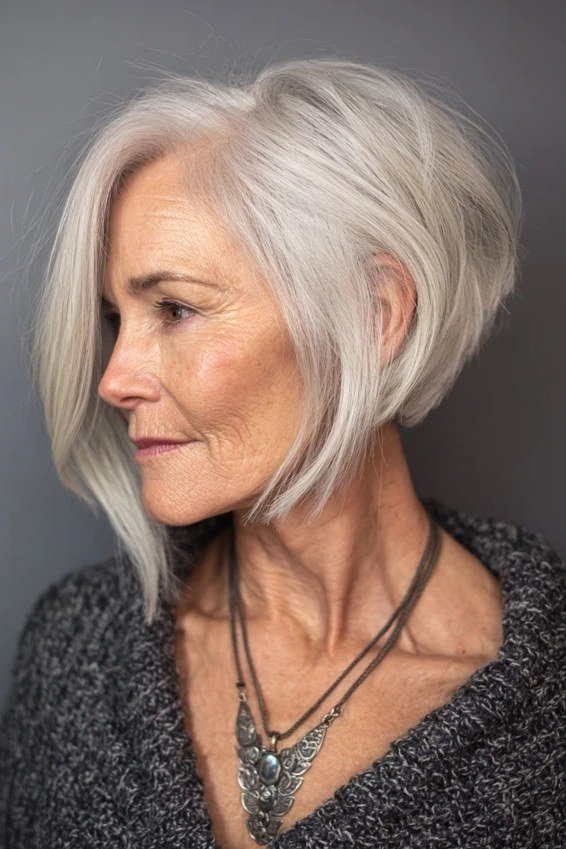 Side-swept silver choppy bob haircut for women over 70